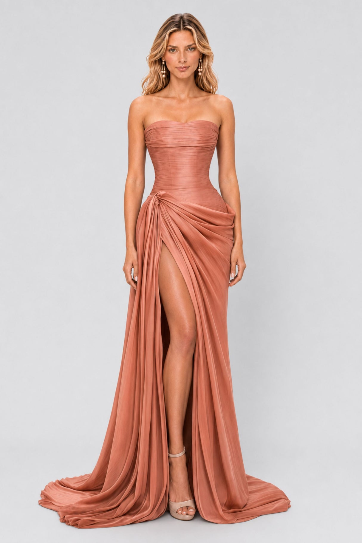 Vanessa Strapless Corset Ruched Maxi Dress / Terracotta Rose