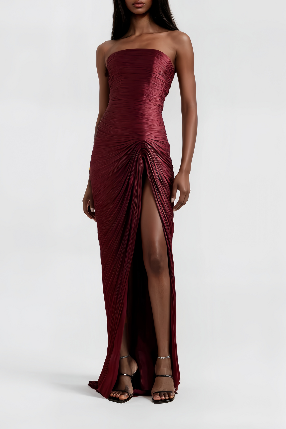 Vandale Strapless High Slit Cape Maxi Dress / Burgundy
