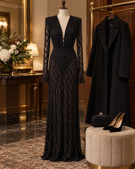 Black long-sleeve lace gown on a dress form beside a wool coat and evening accessories