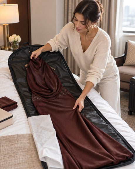 Woman placing a burgundy satin halter gown into an open garment bag on a hotel bed