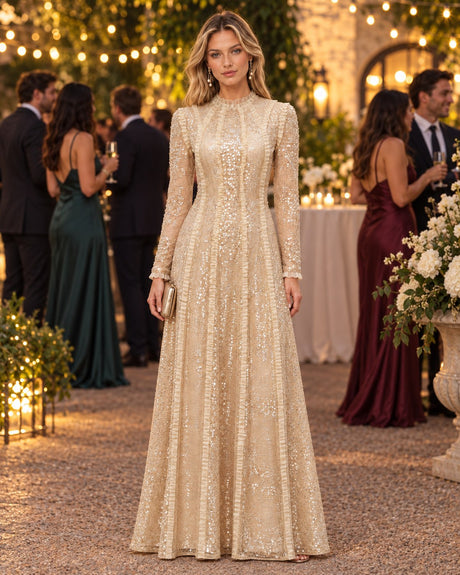 Wedding guest in a champagne sequin long-sleeve maxi dress at an outdoor reception.