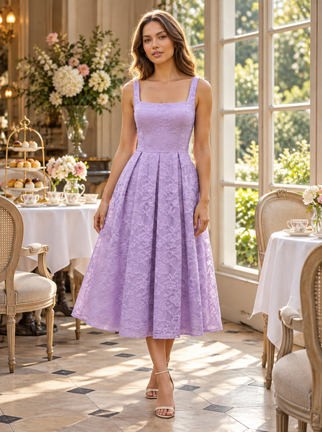 Lavender lace midi dress styled for afternoon tea