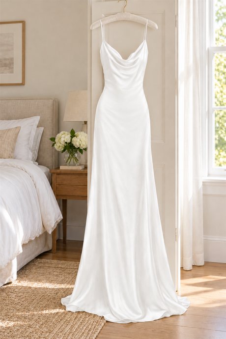 Illustrative scene of a white cowl-neck satin maxi dress hanging in a bedroom