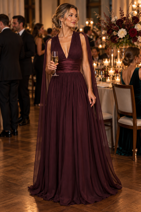 Illustration of a guest in a burgundy cape-sleeve maxi dress at an indoor wedding reception