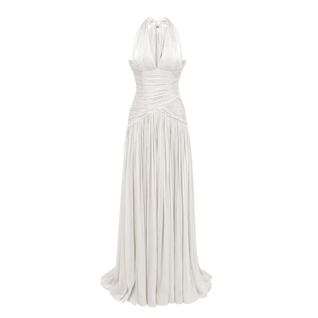 Verdelune Halter Pleated Slit Maxi Dress / White