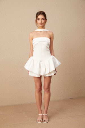 Selmori Aurélie white halterneck ruffled mini dress