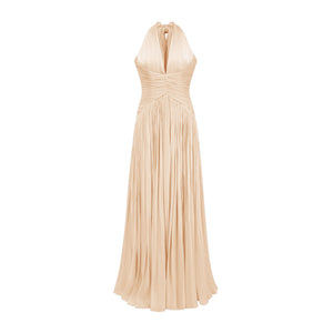 Vraie Plunging V-Neck Pleated Maxi Dress / Beige