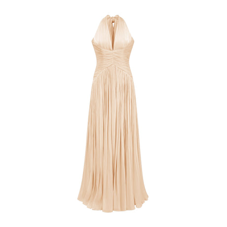 Vraie Plunging V-Neck Pleated Maxi Dress / Beige