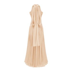 Vraie Plunging V-Neck Pleated Maxi Dress / Beige