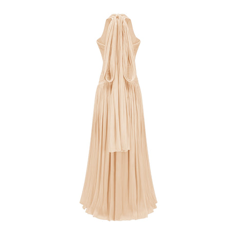 Vraie Plunging V-Neck Pleated Maxi Dress / Beige