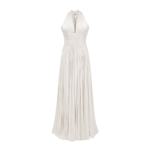 Vraie Plunging V-Neck Pleated Maxi Dress / White