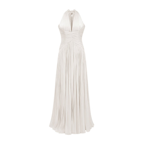 Vraie Plunging V-Neck Pleated Maxi Dress / White