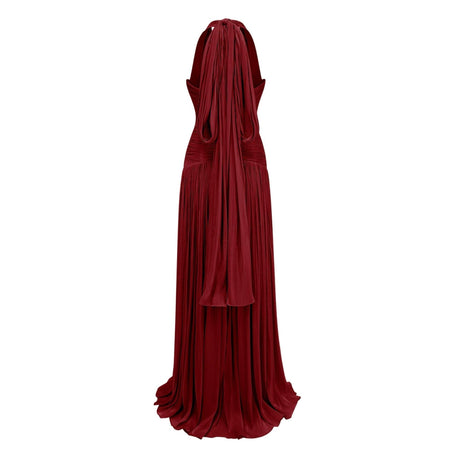 Verdelune Halter Pleated Slit Maxi Dress / Red
