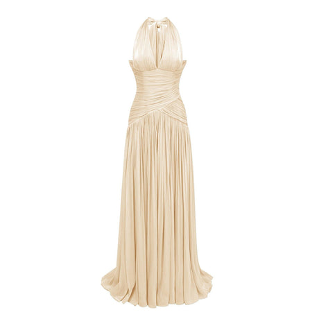 Verdelune Halter Pleated Slit Maxi Dress / Beige