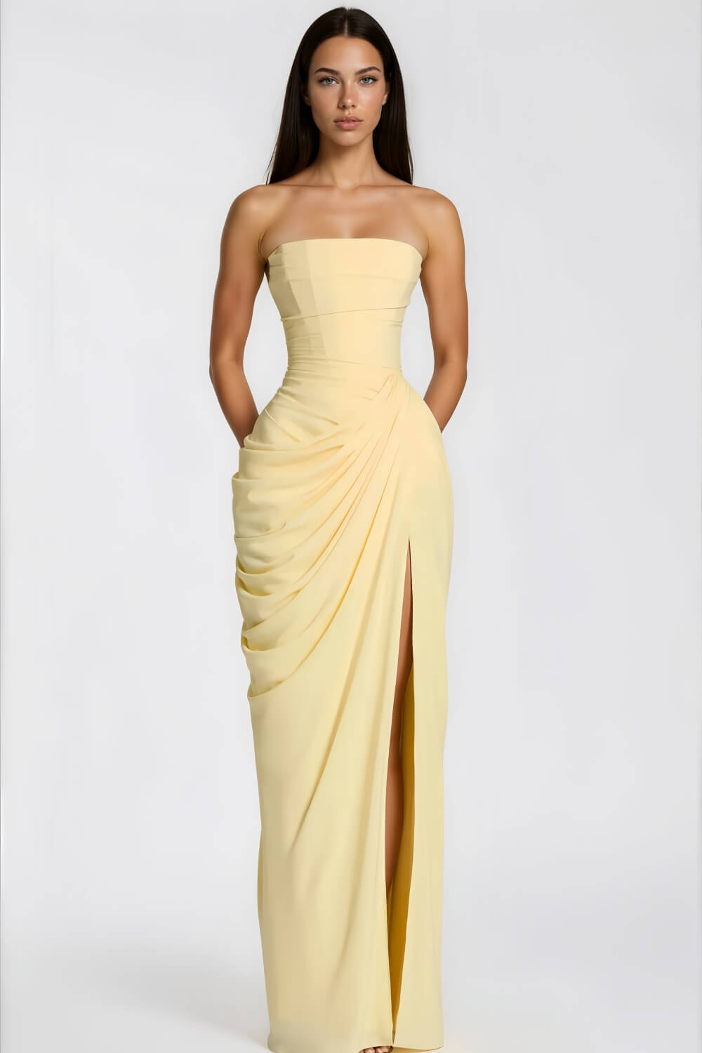 Selmori Azalée Strapless Draped High-Slit Maxi Dress Yellow