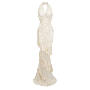 Illusion Halter Neck Pleated Maxi Dress