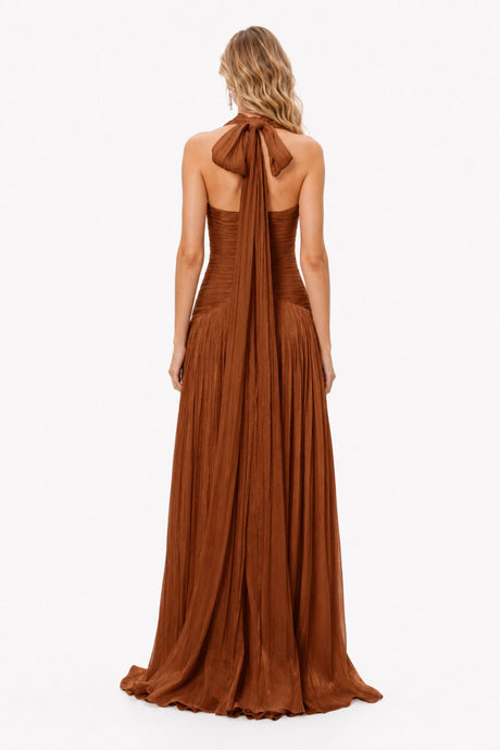 Verdelune Halter Pleated Slit Maxi Dress