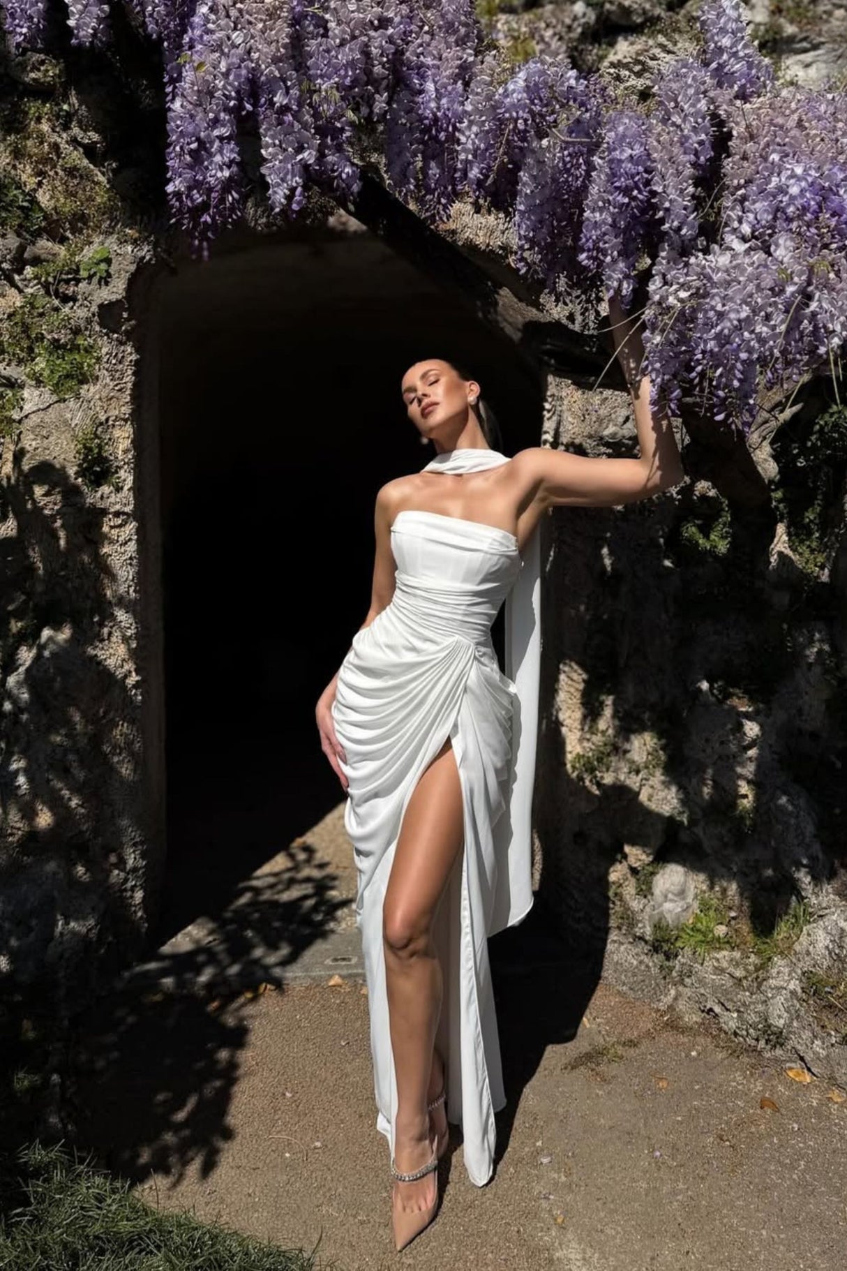 Azalée Strapless Draped High-Slit Maxi Dress / White