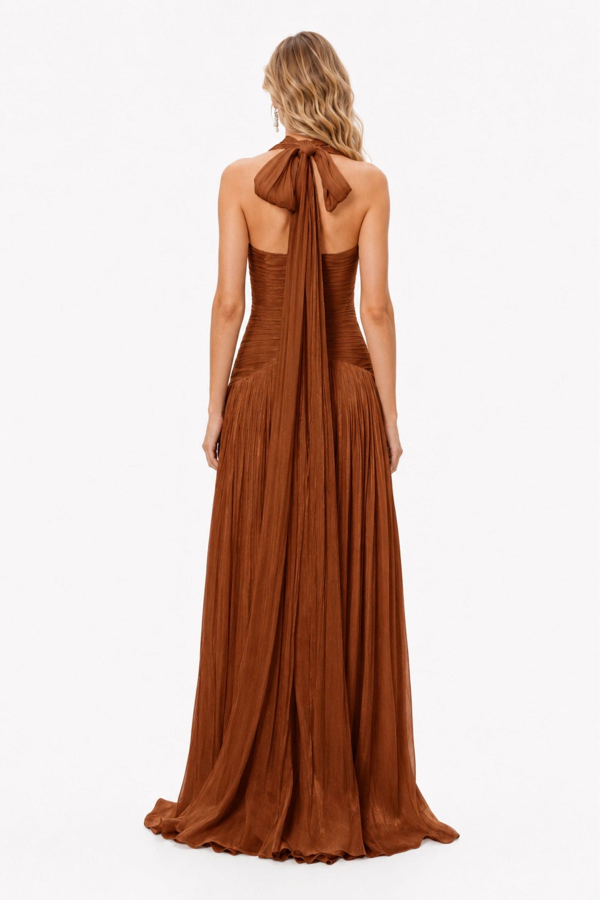 Verdelune Halter Pleated Slit Maxi Dress / Brown