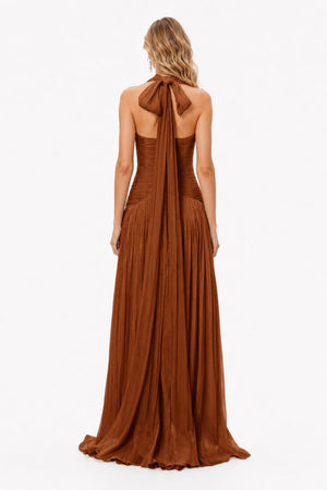 Verdelune Halter Pleated Slit Maxi Dress / Brown