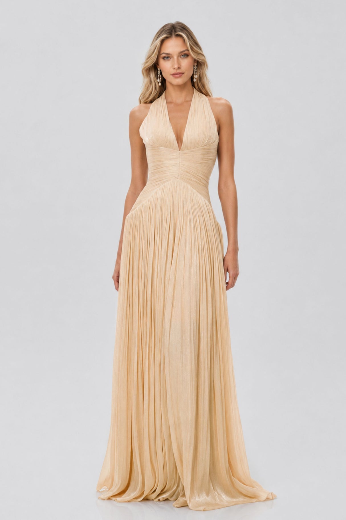 Vraie Plunging V-Neck Pleated Maxi Dress / Beige