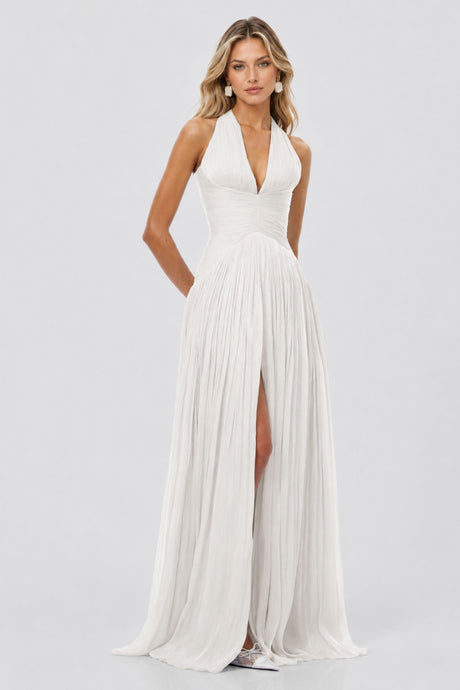 Vraie Plunging V-Neck Pleated Maxi Dress / White