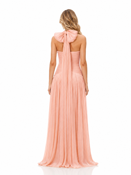 Vraie Plunging V-Neck Pleated Maxi Dress / Peach Pink