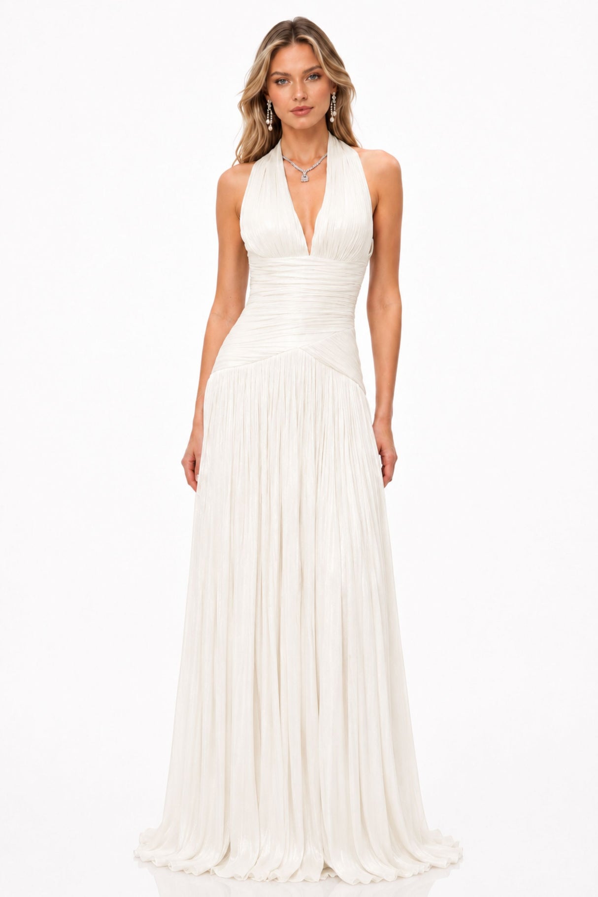 Verdelune Halter Pleated Slit Maxi Dress