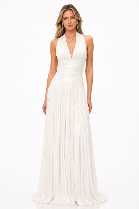 Verdelune Halter Pleated Slit Maxi Dress