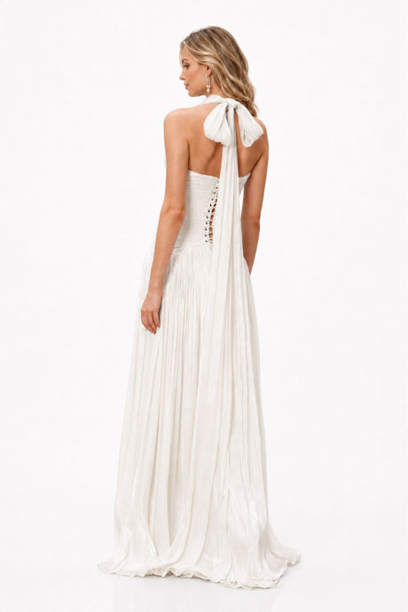 Verdelune Halter Pleated Slit Maxi Dress / White