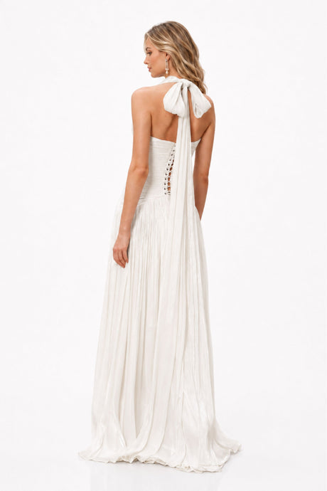 Verdelune Halter Pleated Slit Maxi Dress