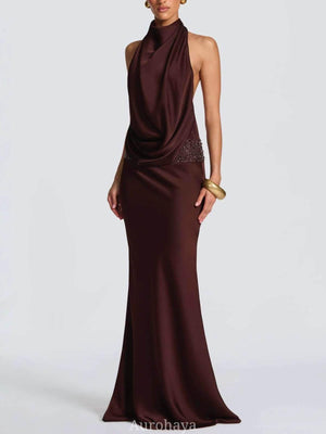 Selmori Camille Backless Sequin Satin Maxi Dress Brown