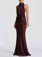 Selmori Camille Backless Sequin Satin Maxi Dress Brown