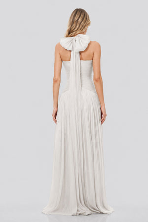 Vraie Plunging V-Neck Pleated Maxi Dress / White