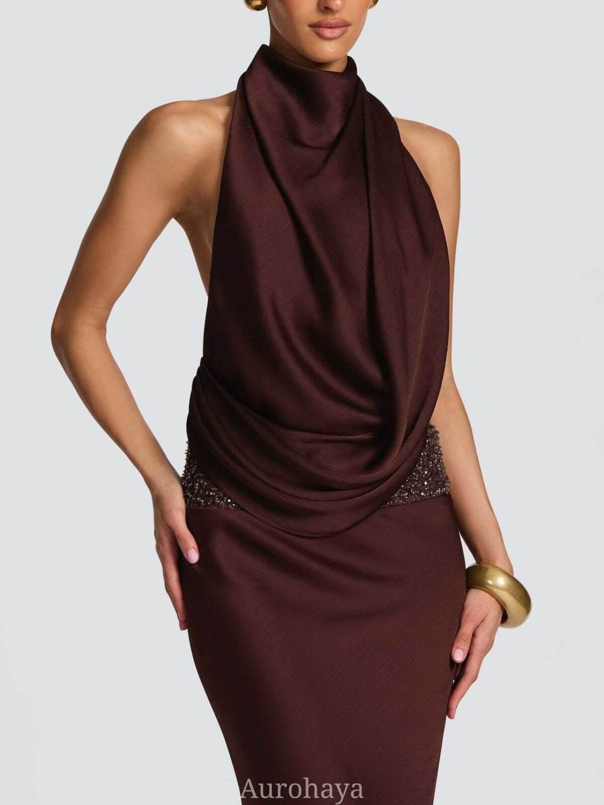Selmori Camille Backless Sequin Satin Maxi Dress