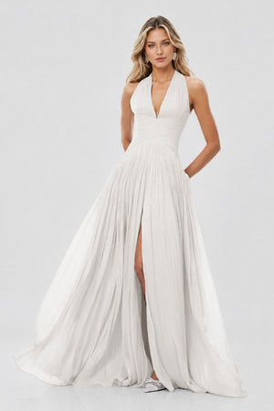 Vraie Plunging V-Neck Pleated Maxi Dress / White