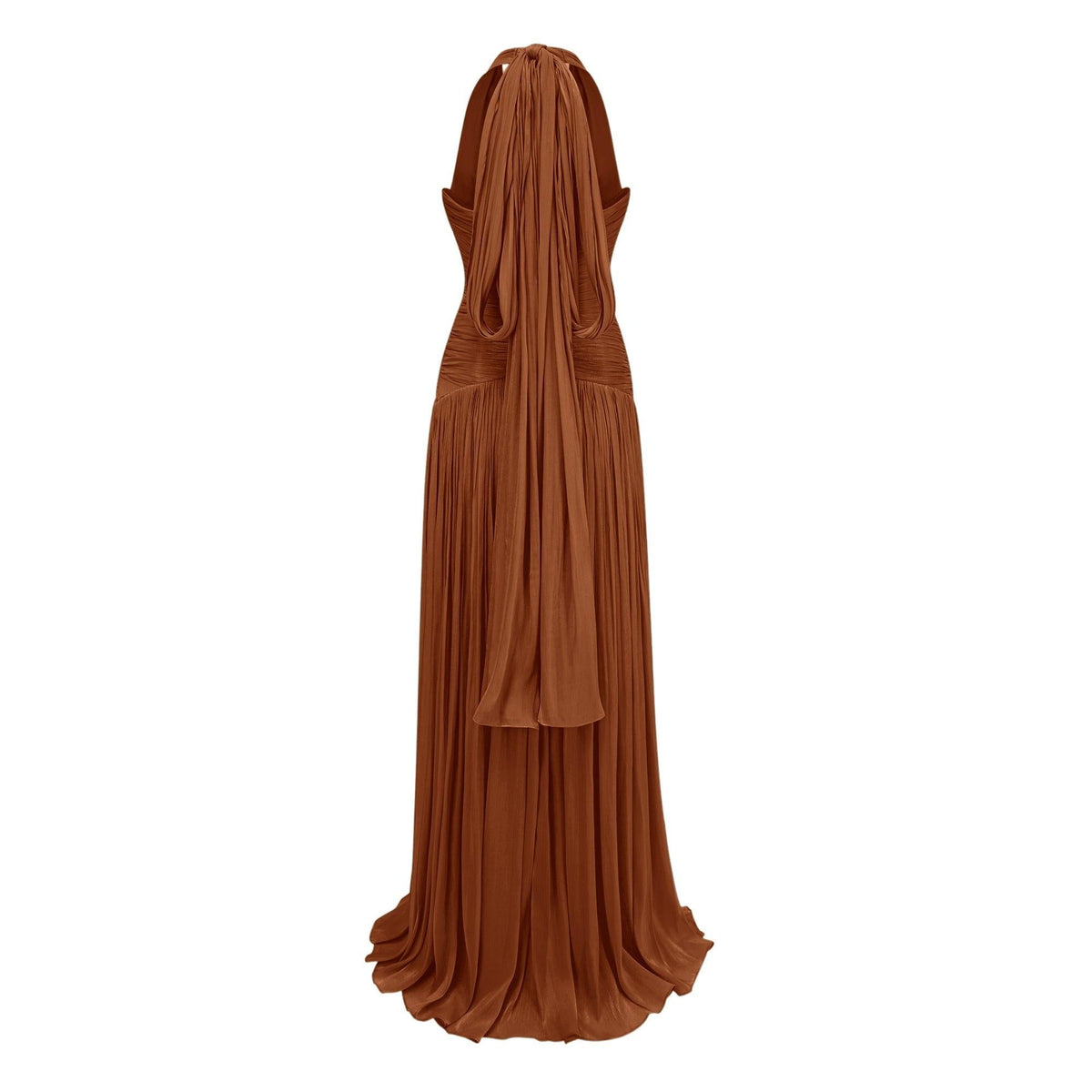 Verdelune Halter Pleated Slit Maxi Dress / Brown