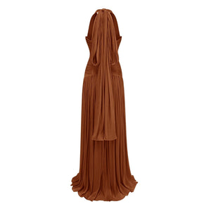 Verdelune Halter Pleated Slit Maxi Dress / Brown