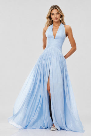 Vraie Plunging V-Neck Pleated Maxi Dress / Blue