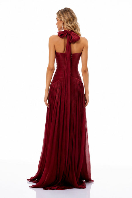 Verdelune Halter Pleated Slit Maxi Dress