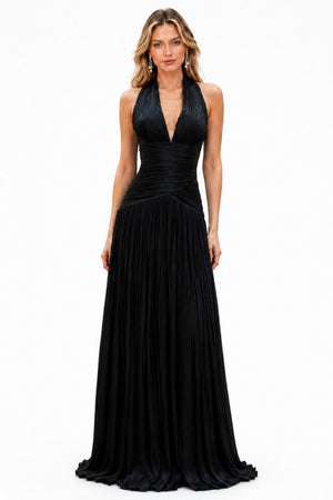 Verdelune Halter Pleated Slit Maxi Dress