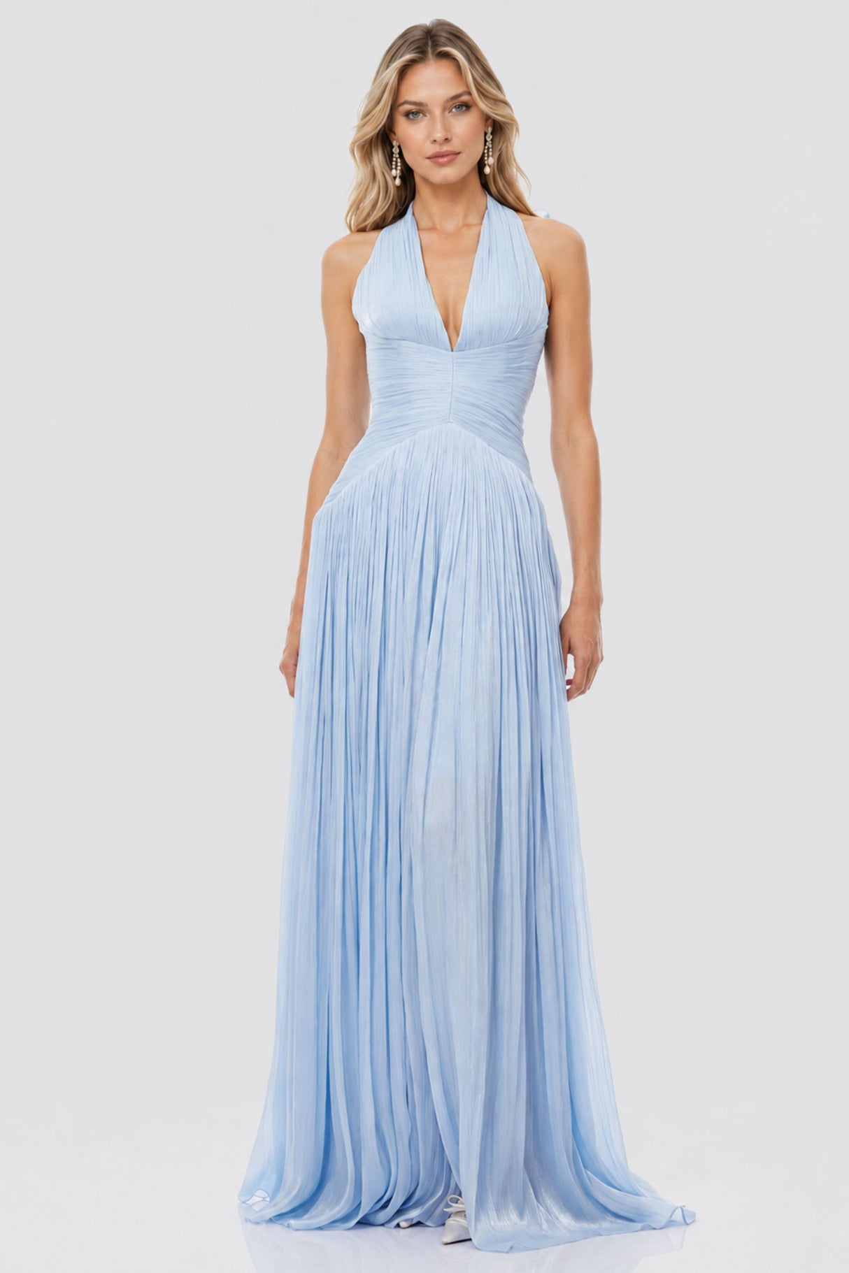 Vraie Plunging V-Neck Pleated Maxi Dress / Blue