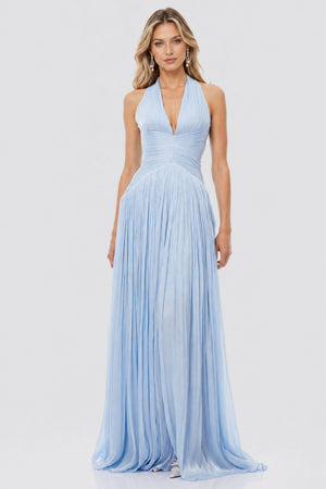 Vraie Plunging V-Neck Pleated Maxi Dress / Blue