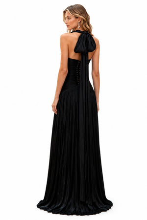Verdelune Halter Pleated Slit Maxi Dress
