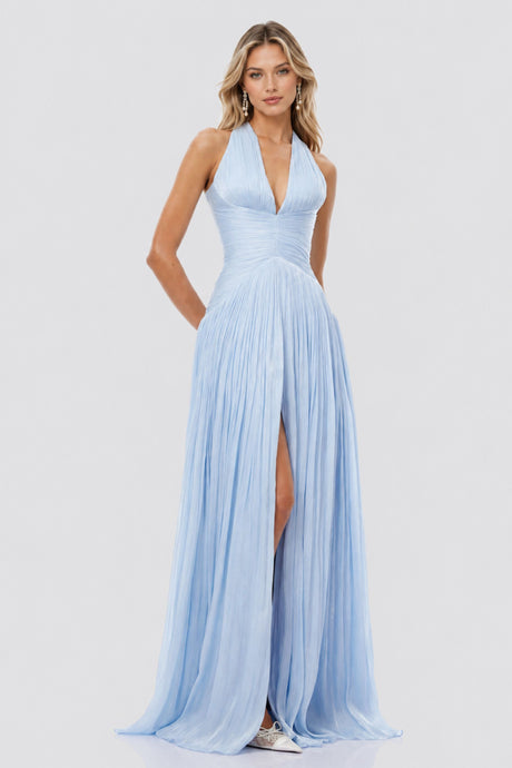 Vraie Plunging V-Neck Pleated Maxi Dress / Blue