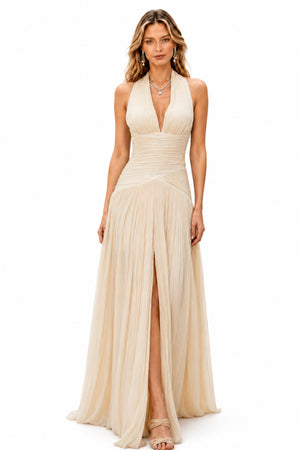 Verdelune Halter Pleated Slit Maxi Dress