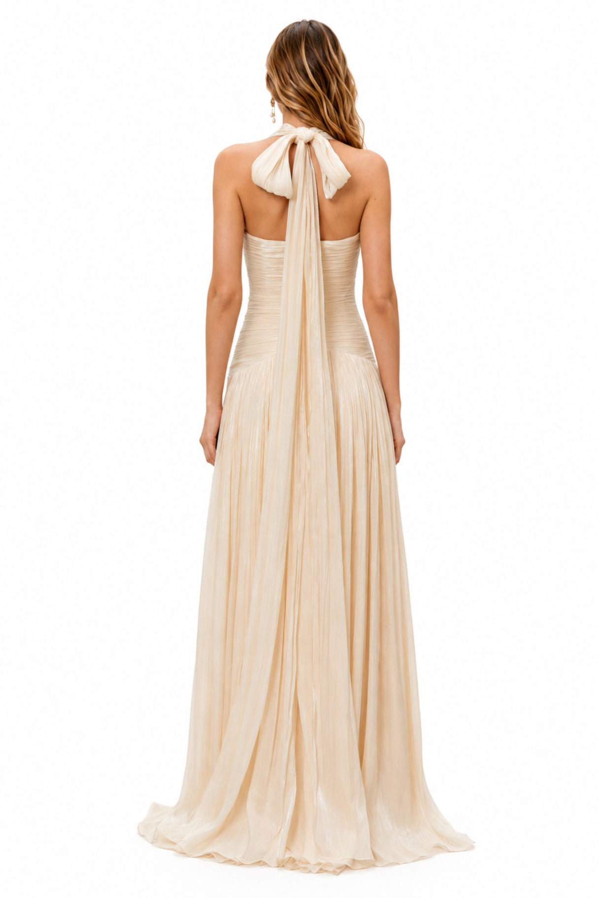Verdelune Halter Pleated Slit Maxi Dress