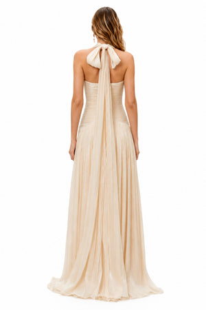 Verdelune Halter Pleated Slit Maxi Dress