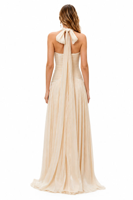 Verdelune Halter Pleated Slit Maxi Dress
