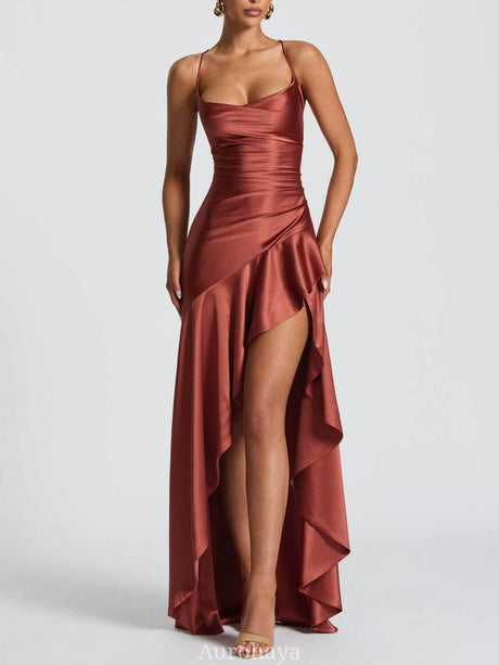 Selmori Delphine Spaghetti-Strap Ruffle Maxi Dress Rose gold